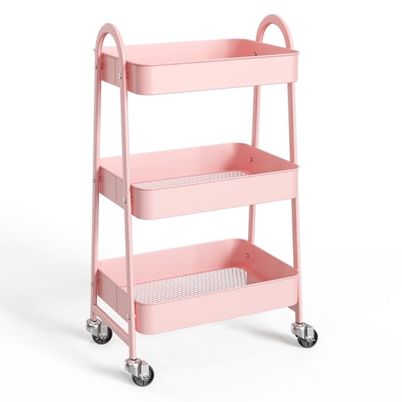 ZUNMOS Metal Carro Rodante Utilitario de 3 Niveles, Carro de Almacenamiento Móvil con Ruedas Giratorias Bloqueables, Carro Organizador de Estantes de Almacenamiento para Sala de Estar, Baño, Cocina y Lugares Estrechos, Rosa