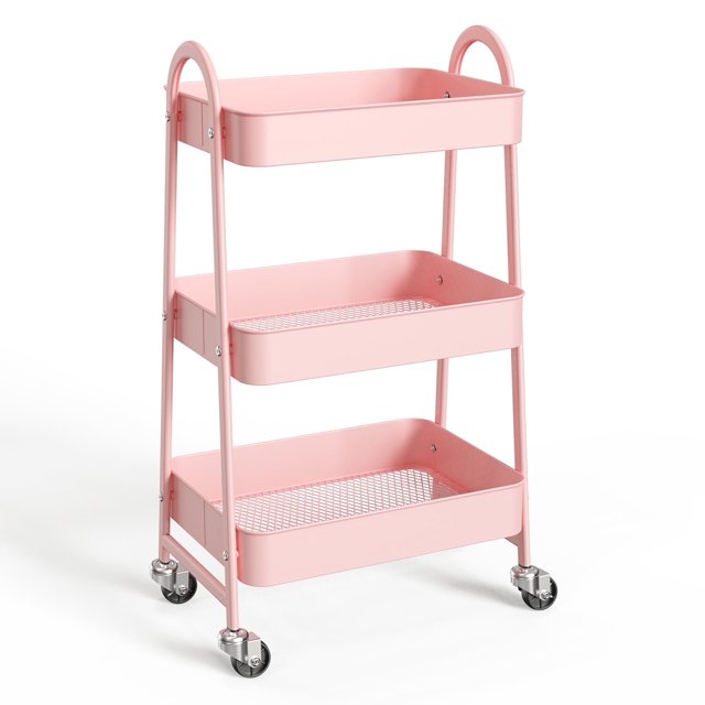 ZUNMOS Metal Carro Rodante Utilitario de 3 Niveles, Carro de Almacenamiento Móvil con Ruedas Giratorias Bloqueables, Carro Organizador de Estantes de Almacenamiento para Sala de Estar, Baño, Cocina y Lugares Estrechos, Rosa