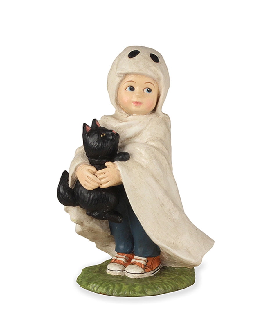 GHOST JACK w/ BLACK CAT Halloween Figurine Bethany Lowe Boy In Ghost Costume 