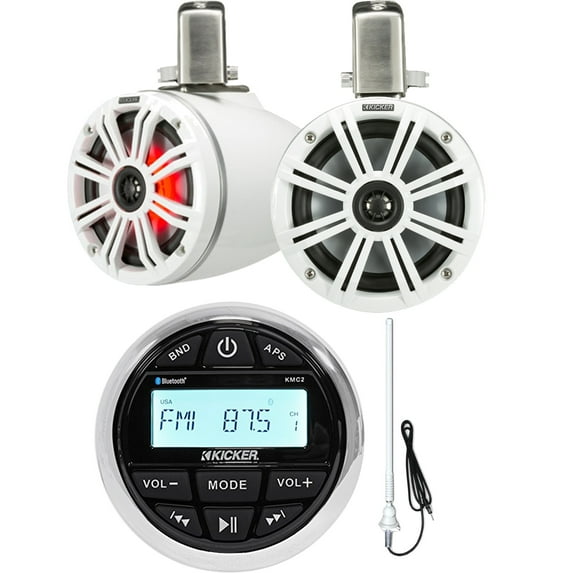 Kicker KMC2 Gauge Mount Media Center Marine-Grade Receiver - 2 Kicker 45KMTC65W 6.5" Marine Coaxial Tower Speaker Systems (W) - Enrock Marine Boat/Yacht AM/FM Radio Antenna