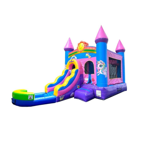 Pogo Bounce House Crossover Bounce House with Slide and Splash Pool, Pink Smiley Face