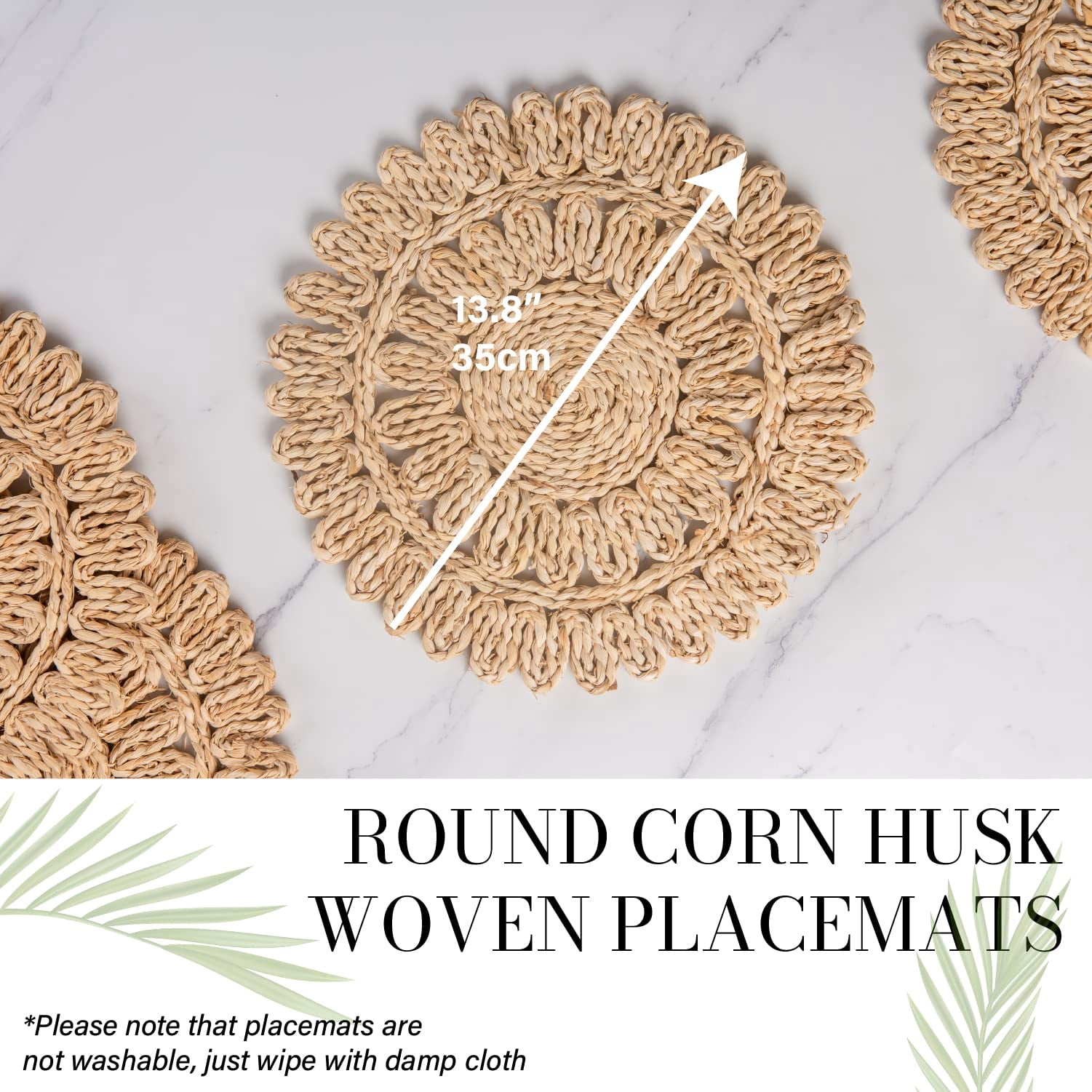 Laquedecraft 13.8" Round Woven Corn Husk Rattan Placemats Set of 4  for Wedding, Party, Christmas, Events