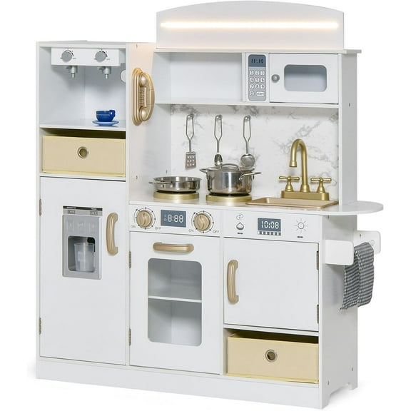 OLAKIDS Kids Kitchen Playset with Lights, Toddler Wooden Pretend Cooking Set with Coffee Maker Ice Maker Stove Sink Microwave 2 Storage Bins, Simulation Play Kitchen Toy for Children Boys Girls