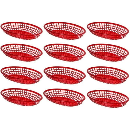 TrueCraftware-Set of 12 Red Plastic Oval Fast Food Baskets 9 3/8" X 5-3/8"- Oval Shaped Tray for Fast Food Restaurant Supplies Deli Serving Chicken Burgers Sandwiches & Fries