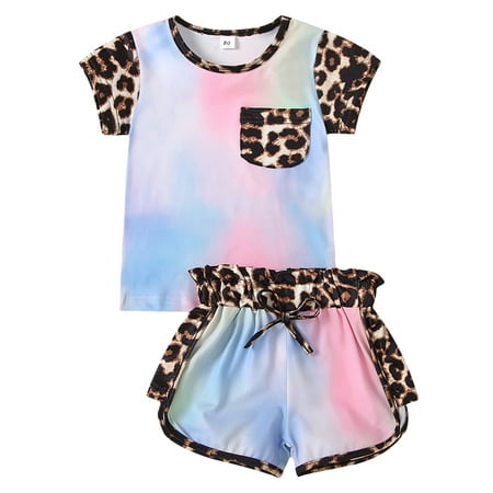 

Sunisery 2PCS Infant Baby Girl Leopard Print Tie-dye O-Neck T-shirt Elastic Waist Shorts Blue 3-4 Years
