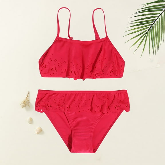 Kid Girls Swimsuit 2 Piece Cute Tankini Swimsuit Solid Color Girl Bathing Suit 7-8 Years