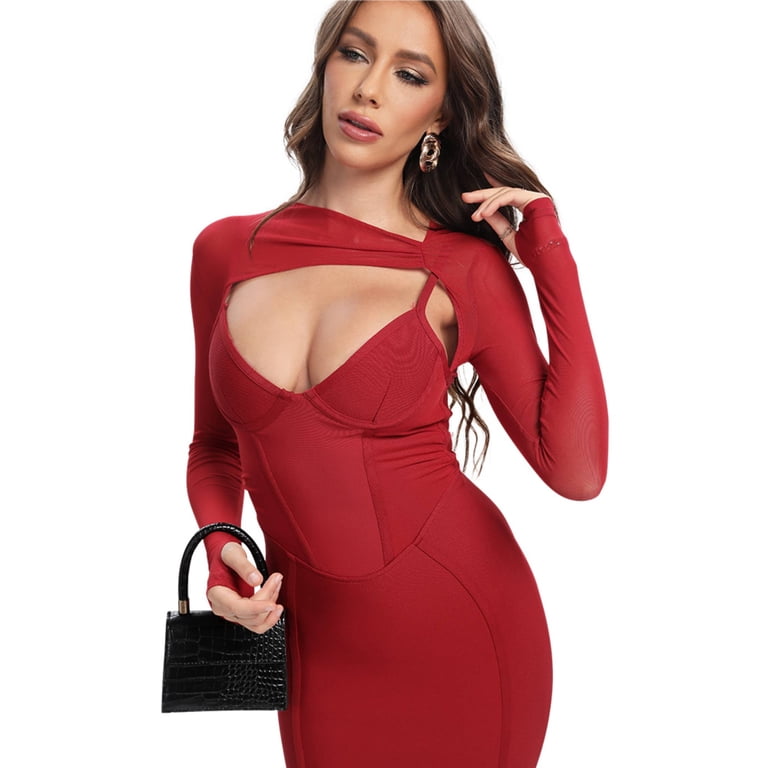 knee length dresses for ladies Mesh See through Dress Embroidered Super Flattering Celebrity Sleevele –  AmiEmi main image 0