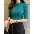 thumbnail image 3 of Women Summer O Neck Solid Color Half Sleeve Slim Fit Ribbed Bottoming Shirt Top T-Shirts, 3 of 5