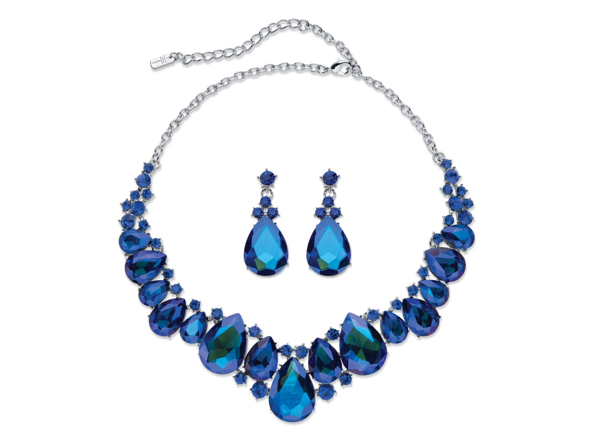 PEAR CUT BLUE SAPPHIRE & CZ .925 Sterling Silver Earring & Pendant Set .75" 