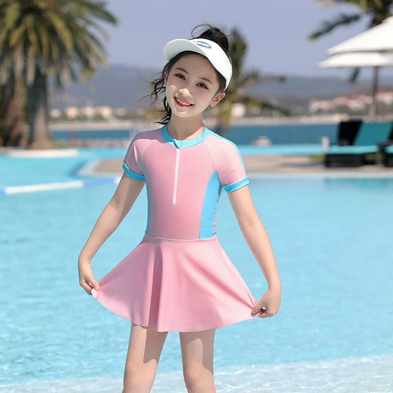 Girls Summer One Piece Swimsuits Smocked Swim Dress with Short Sleeve Kids  Beach Bathing Suit Swimwear