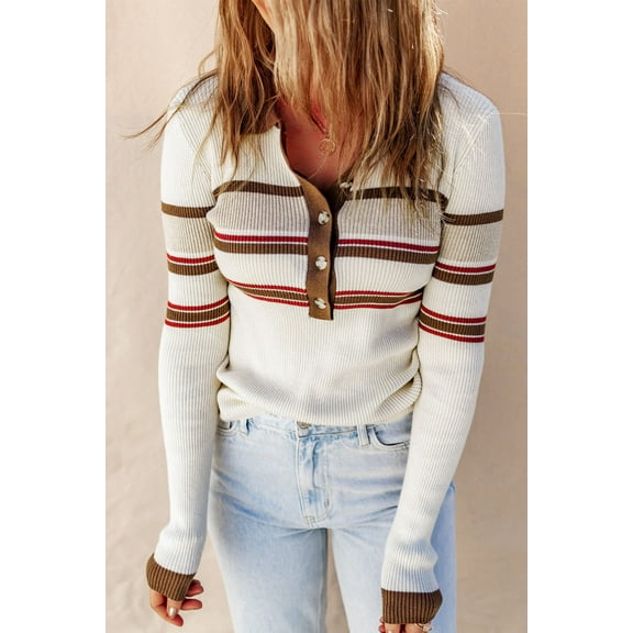 Redhotype Elegant Stripe Henley Sweater - White Knit Essential