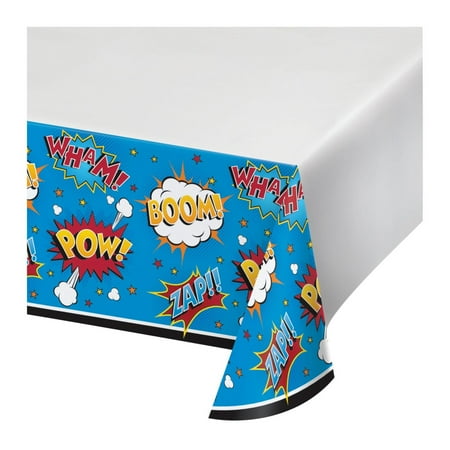 Party Central Club Pack of 12 Blue and White Superhero Slogans Tablecloths 88"