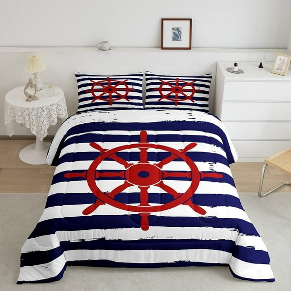 Nautical Rudder Twin Size Down Comforter Set,Geometric Stripes Vintage Duvet/Quilt Set Soft Bed Collection,Ocean Adventure Bedding Comforter for Boys Girls Bedroom,2 Pcs