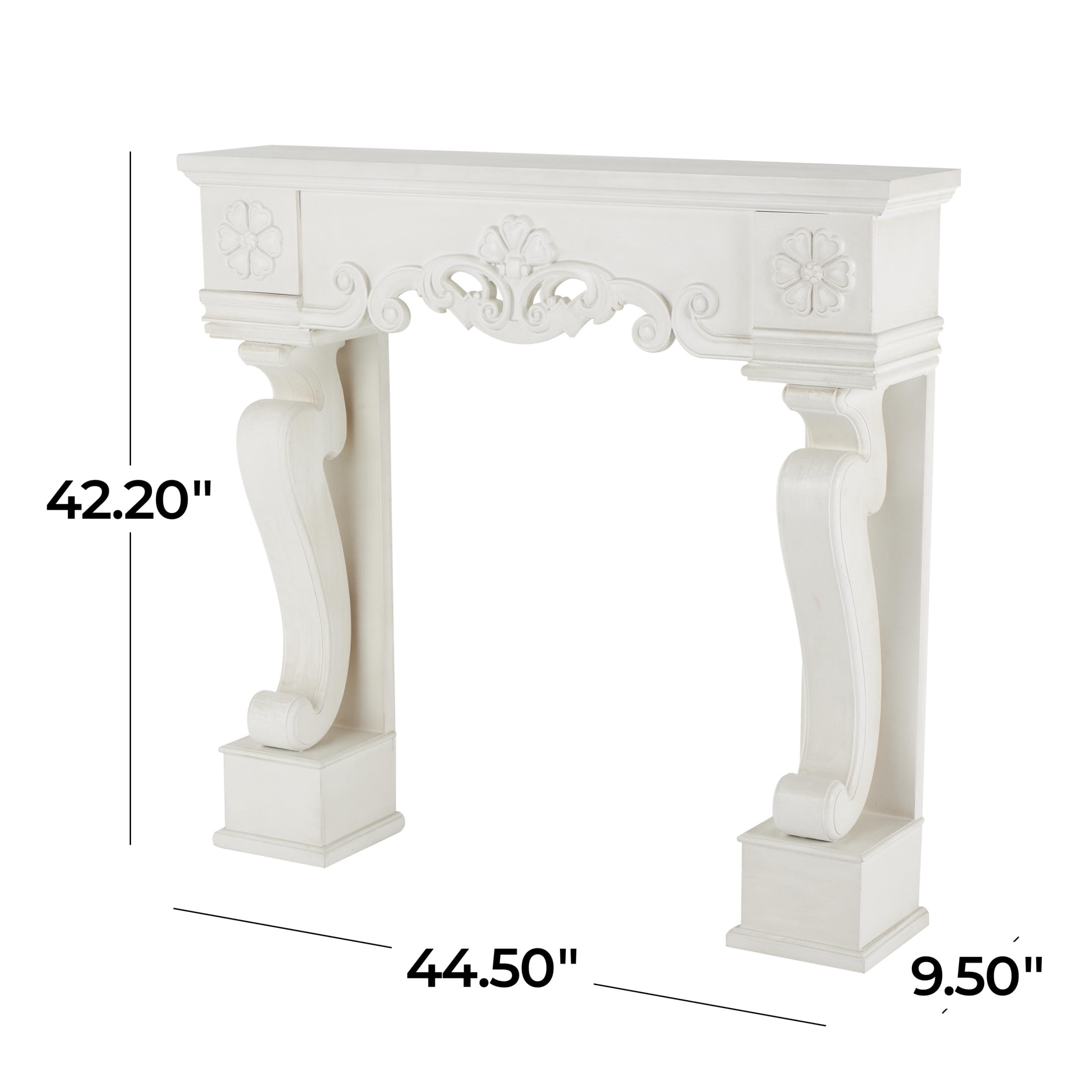 DecMode 45" x 42" Wooden White Freestanding Scroll Surround Fireplace Mantle with Floral Accents