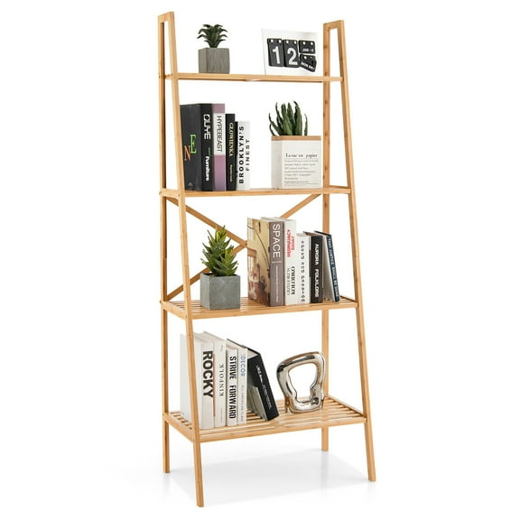 Gymax 4-Tier Bamboo Ladder Bookshelf 58'' Display Shelf Storage Rack Plant Flower Stand