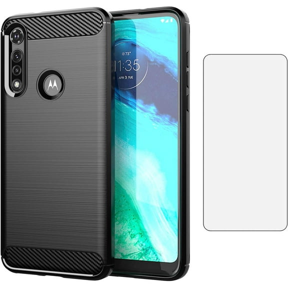 REQO Phone Case for Moto G Fast 2020 with Tempered Glass Screen Protector Cover and Cell Accessories Slim Thin TPU Soft Silicone Protective Motorola GFast XT2045-3 MotoGFast Carbon Fiber Navy Black