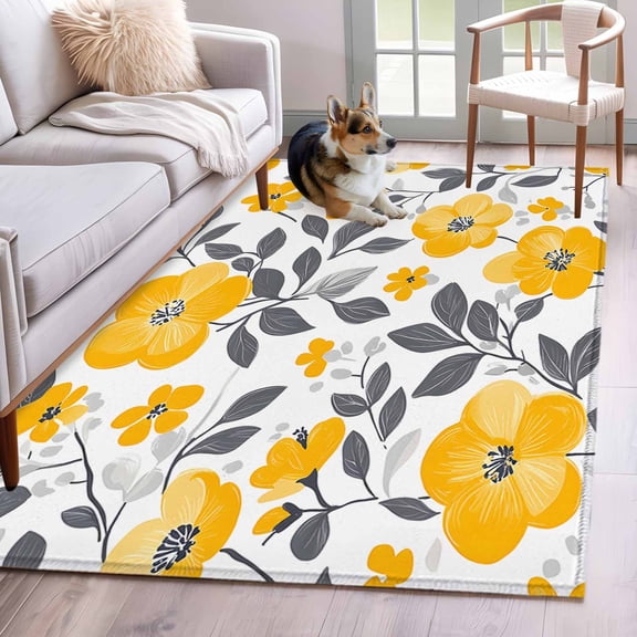 Yellow Grey Spring Floral Area Rug 3x5 Washable Rug Non Slip Summer Botanical Elegant Large Area Rug Indoor Floor Carpet for Entryway Bedroom Kitchen Living Room Home Office Dining Room Nursery