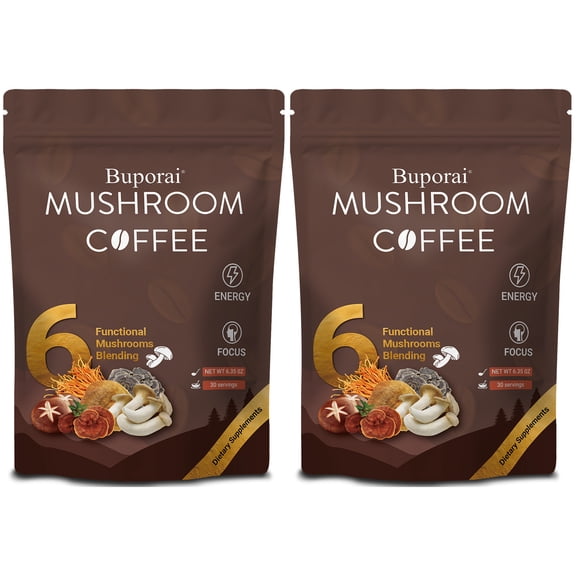 Mushroom Coffee - Supports Energy, Focus, Digestion & Immunity - with Lion's Mane, Reishi, Cordyceps, Shiitake and Turkey Tail - 2 Bags(60 Servings)