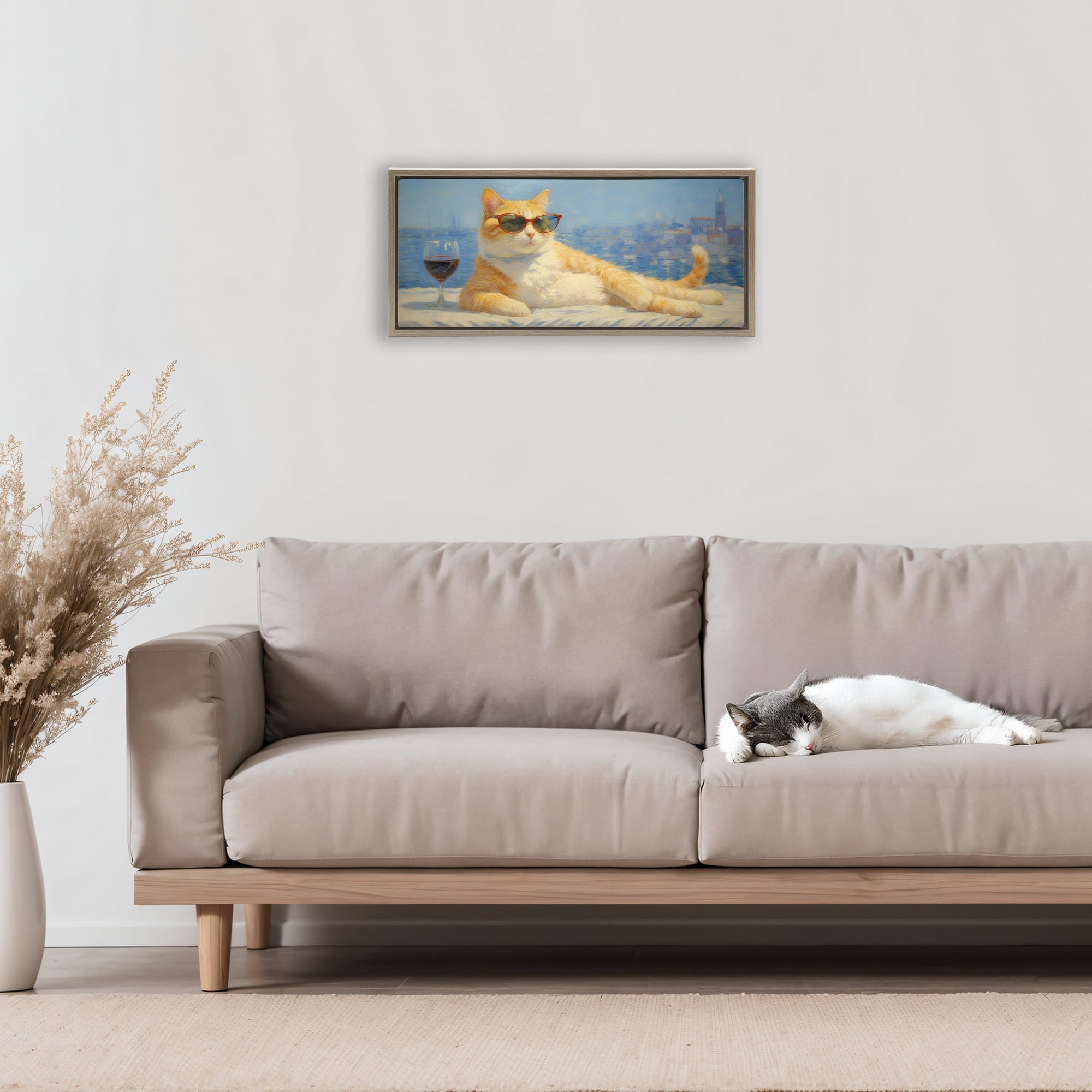 Stupell Industries Lounging Feline with Wine Glass Brown Framed Floater Canvas Wall Art, design by Angie Hawke