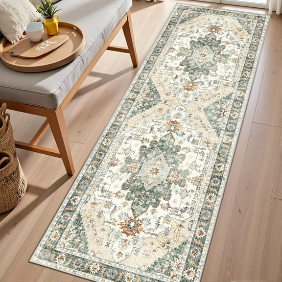 2'x6' Kitchen Runner Rug,Non-Slip Entryway Runner Laundry Rug,Boho Indoor Machine Washable Hallway Runner Rugs Throw Carpet for Living Room Bedroom Dining Room Hallway Kitchen Green