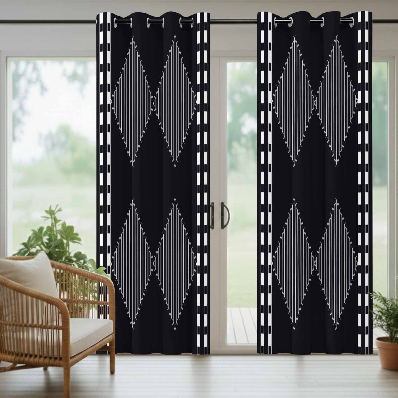 Modern White and Black Outdoor Curtains for Patio, Striped Diamonds Checkered Border Art Sunshade Privacy Drapes Grommet Waterproof Outside Curtains for Porch/Cabana/Balcony 54"x 108", 1 Panel