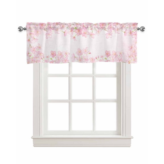Pink Cherry Blossom Linen Curtain Valance for Bedroom/Bathroom/Kitchen/Living/Dining Room Window,Pastoral Floral Botanical Spring Summer Pocket Topper Drapes Decorative Cafe Drapery Panel 42"x18"