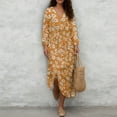 thumbnail image 4 of COEQINE Women's Midi Dress 3/4 Sleeve Wrap V-Neck Casual Sundress, Loose Fit Linen-Like Calf Length Tunic Dress for Women, Machine Washable, Size 3XL, Floral Orange, 4 of 6