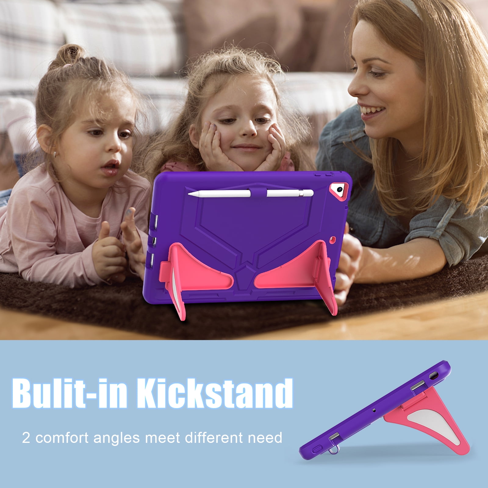 TECH CIRCLE Kids Case for iPad 9.7 2018/2017/iPad Air 2/Pro 9.7 with Pencil Holder,Shockproof Portable Handle Stand Protective Kids Case for iPad 9.7 Inch 6th Gen/5th Gen/Air 2/Pro 9.7",Purple/Rose