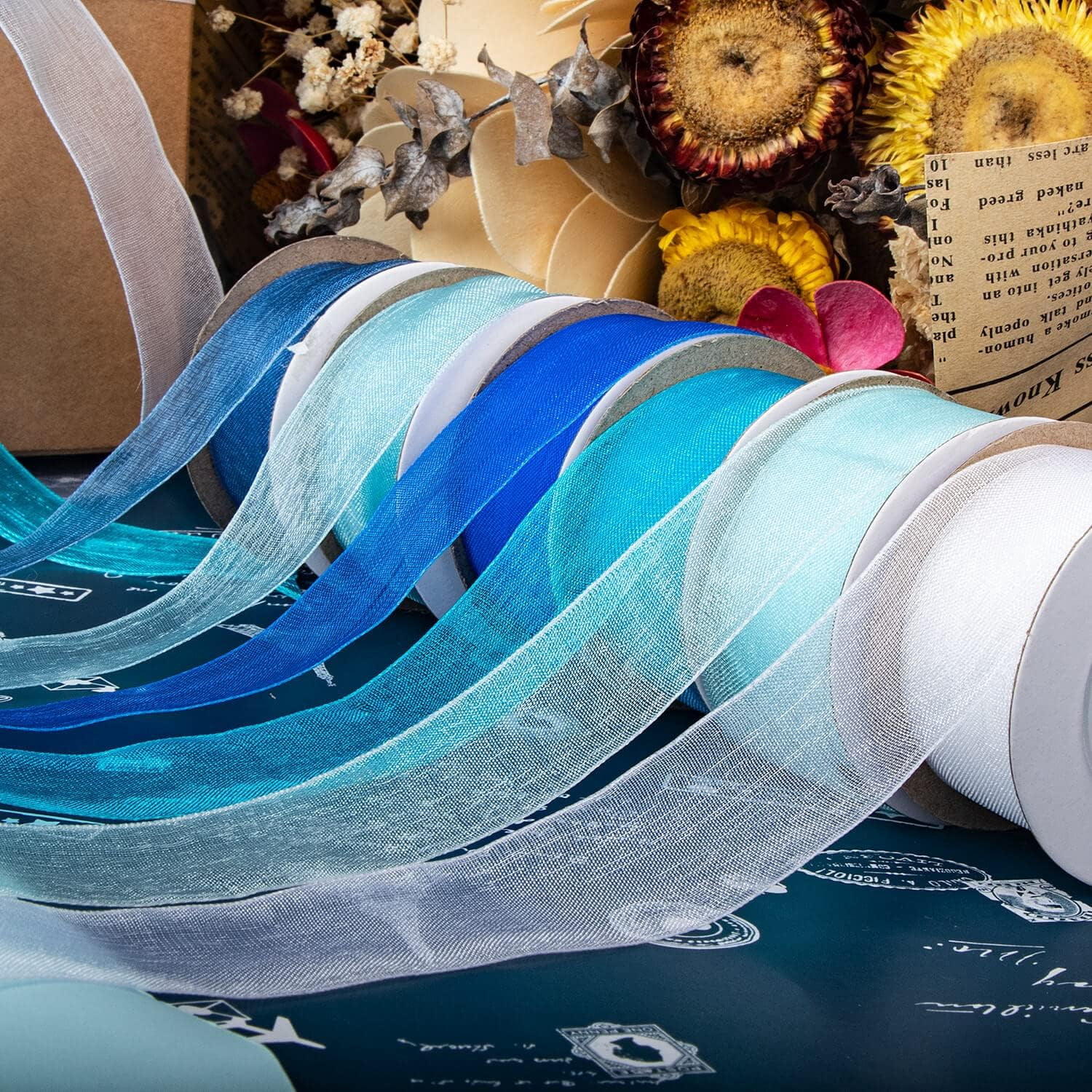 6 Roll 1 Inch Wide Blue Organza Ribbon for Christmas and Gift Wrapping - Sheer Chiffon (Blue)