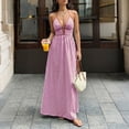 thumbnail image 4 of Women's Beach Dress Striped Halter V-Neck Maxi Sundress Tunic Open Back Vacation Summer Dress Hot Pink XL, 4 of 8
