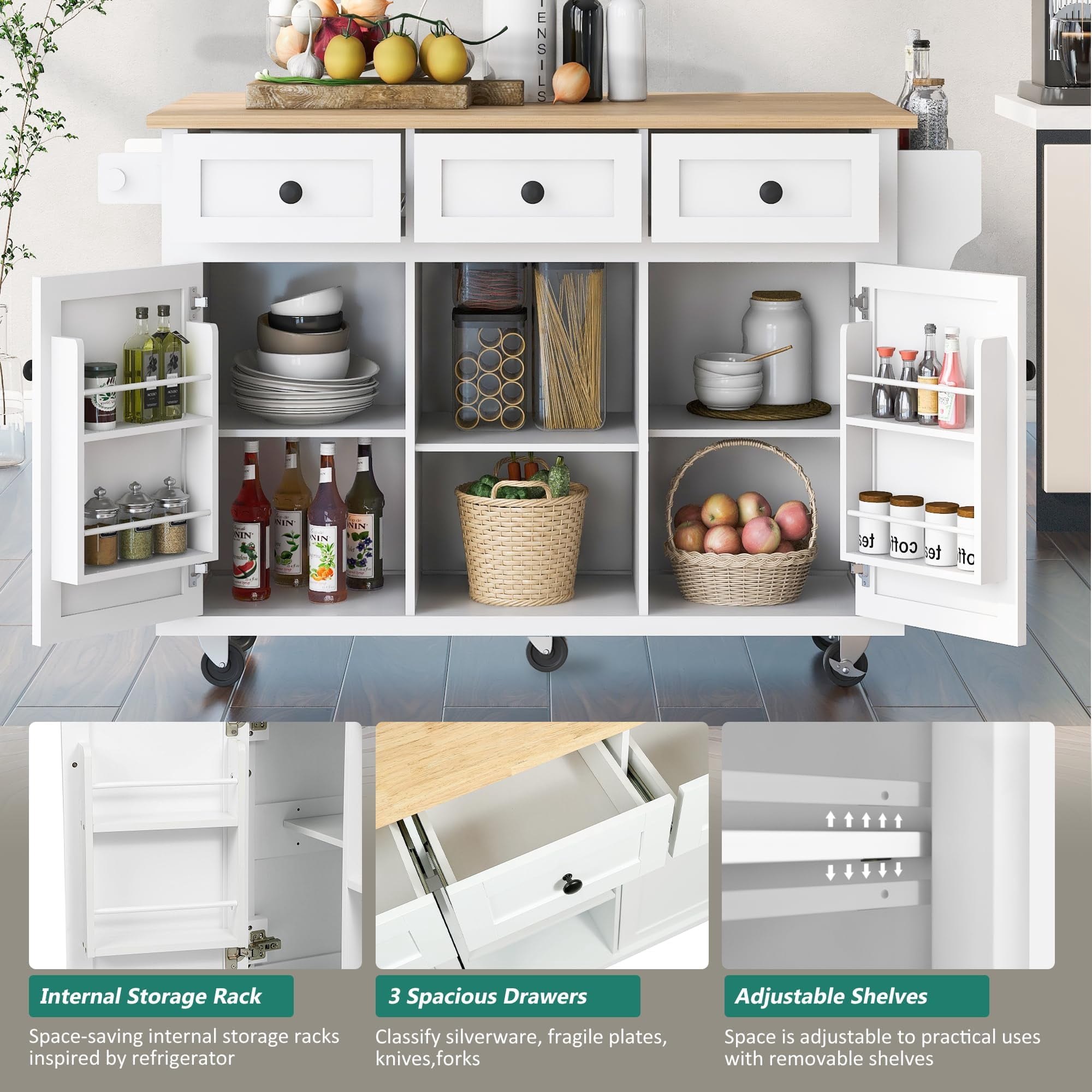 JESTOP Rolling Kitchen Island with 3 Drawers and 2 Cabinets, Kitchen Cart on Wheels with Drop Leaf, Wood Portable Trolley Island with Cabinet Door Storage Racks, for Dinning Room