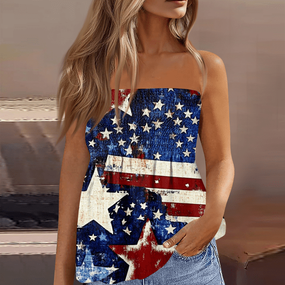American 250th Anniversary Tube Tops for Women Patriotic Print Casual Pleated Sleeveless Tube Tops Bandeau Tunic Tops Strapless Smocked Tank Tops