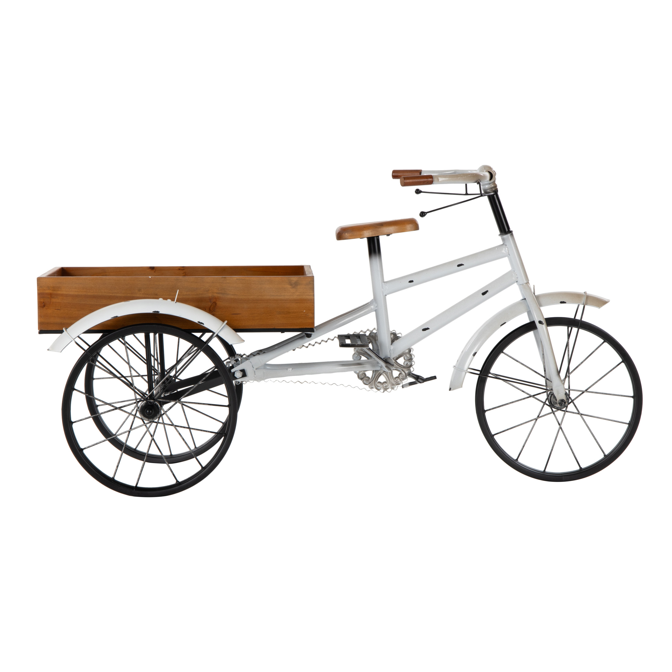 DecMode 48" x 24" x 24" White Metal Vintage Bike Plantstand with Brown Wood Accents
