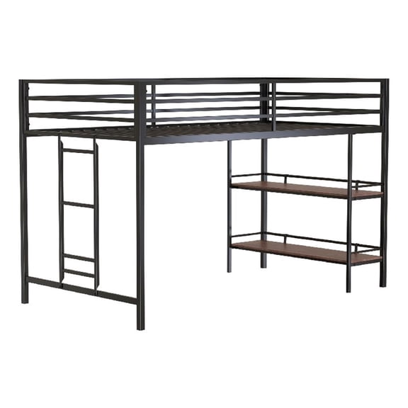 Ady Twin Size Loft Bed with Ladder and 2 Wood Shelves- Black Metal Frame
