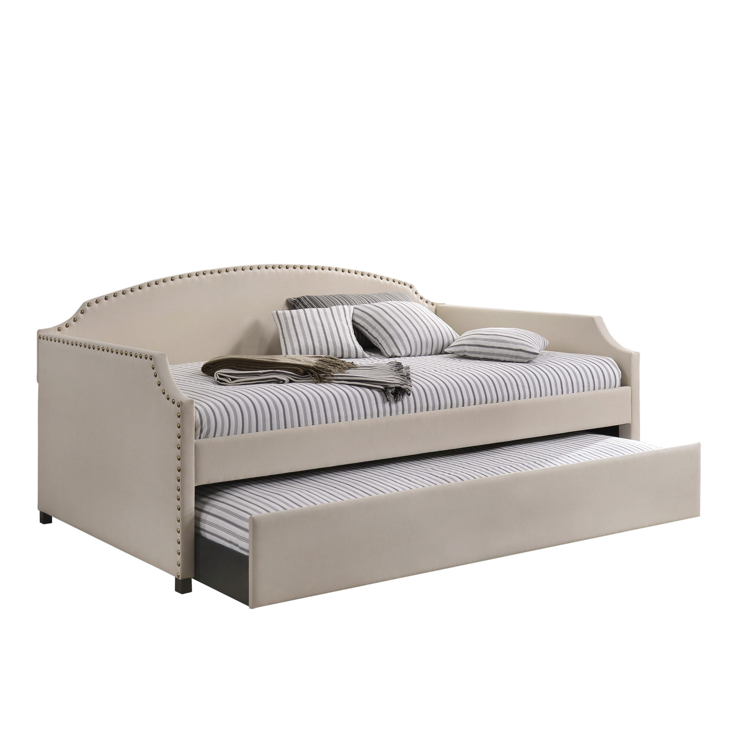Home Design Yamna Twin Daybed with Linen Upholstery, Pull-Out Trundle, and Nailhead Trim, Stylish and Comfortable Design for Bedroom, Beige