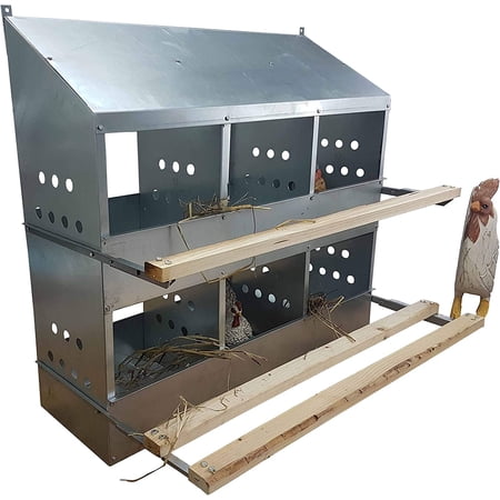 6 Hole Heavy Duty 23ga Galvanized Chicken Nesting Laying Roost Box Made in USA | High Front and Back Panels | Easy to Remove and Clean | Heavy Duty perches hinged Upward | Rust Resistant 0300112