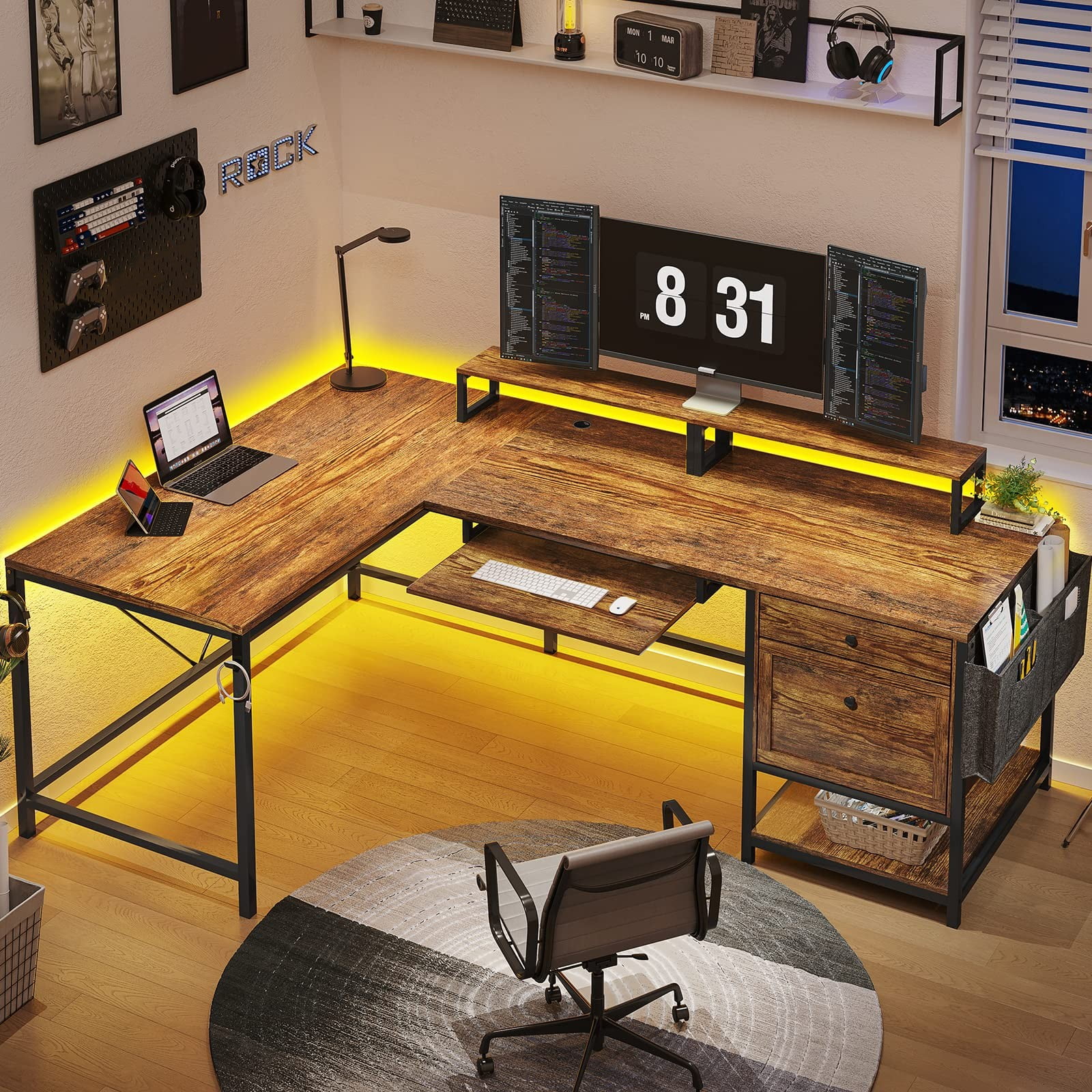 L Shaped Gaming Desk with 2 Drawers, Corner Desk with LED Lights