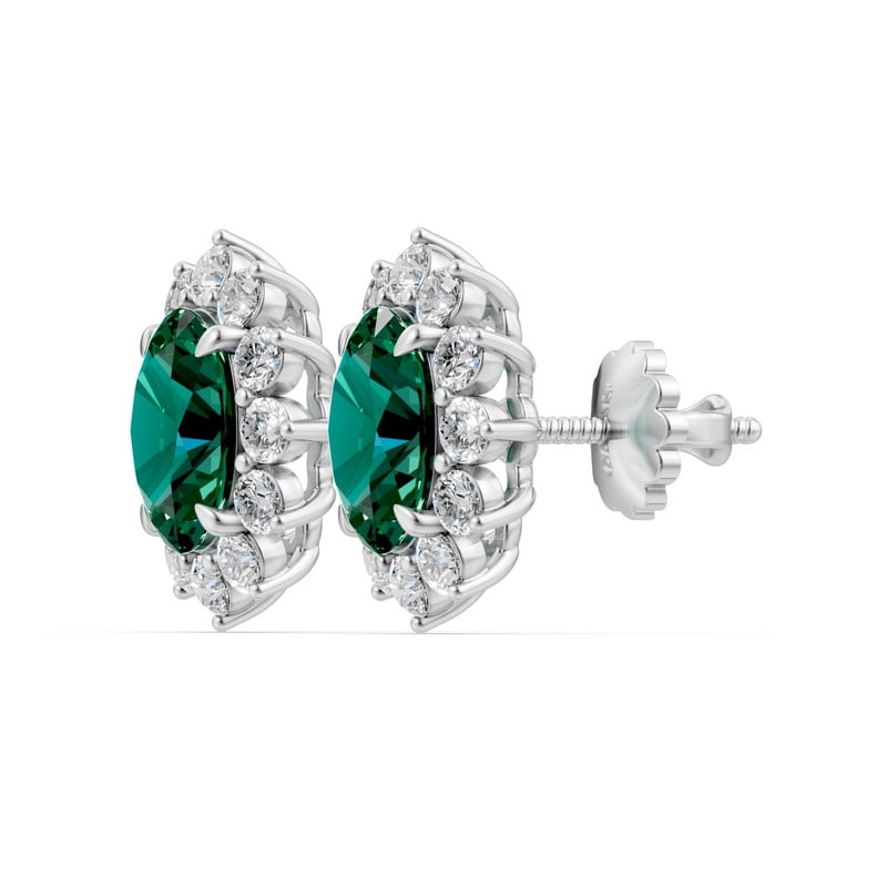 Created Emerald Stud Earrings with Moissanite for Women in 925 Sterling Silver 18K White Gold Plated
