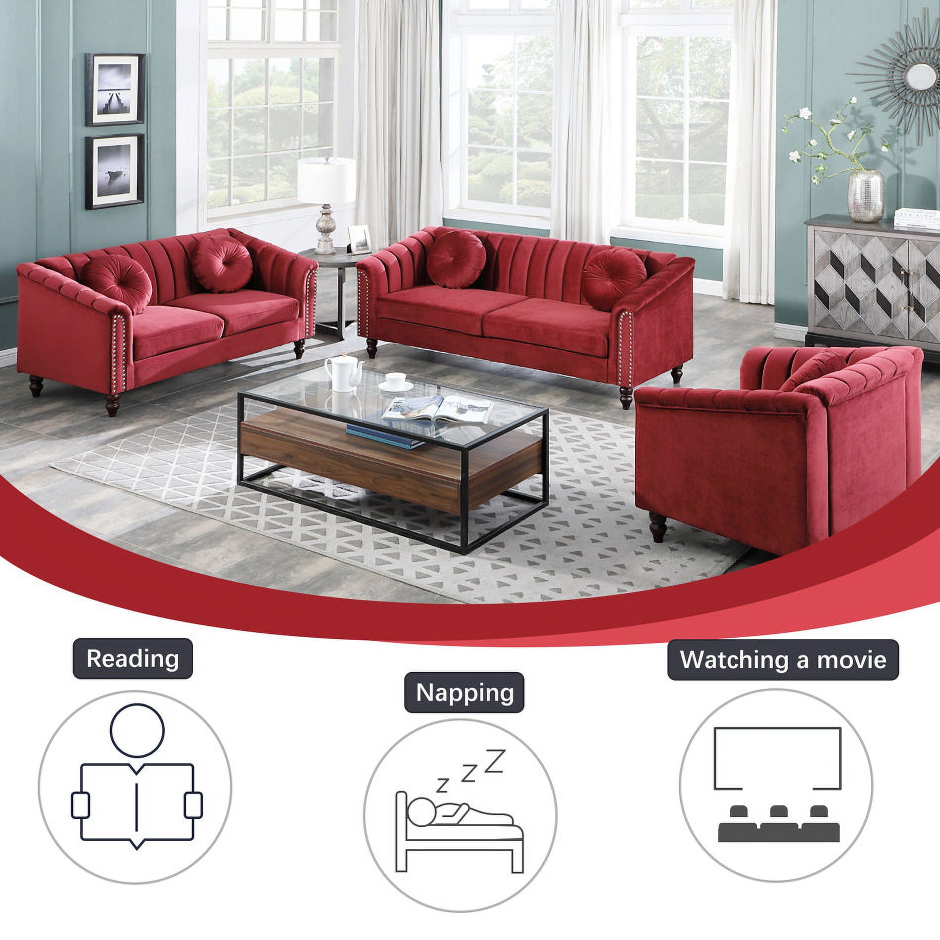 Pon Living 3 Piece Modern Velvet Upholstered Living Room Set with 3-Seater Sofa,Loveseat and Chair