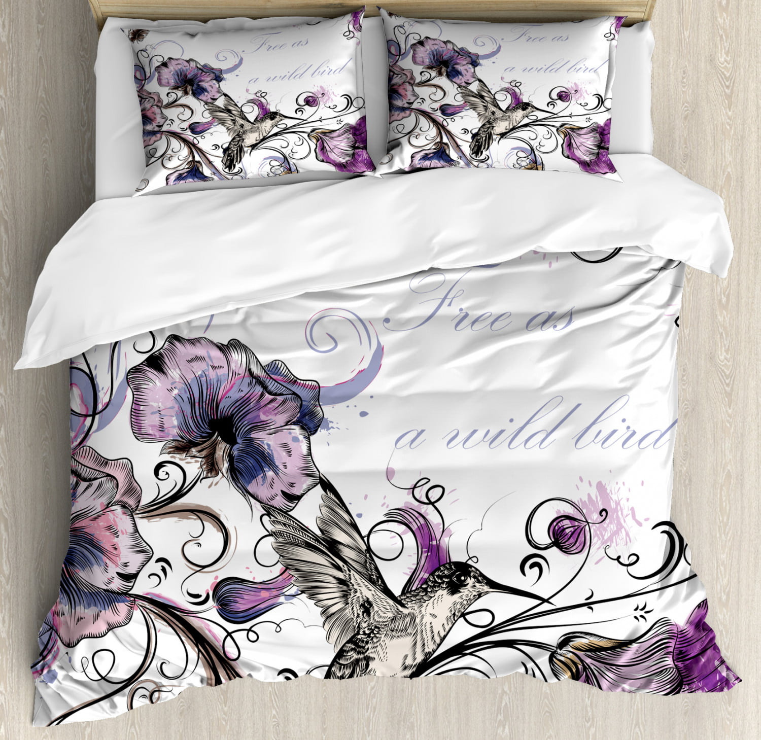 Hummingbirds Quilted Bedspread & Pillow Shams Set Bird Flowers Pattern Print 