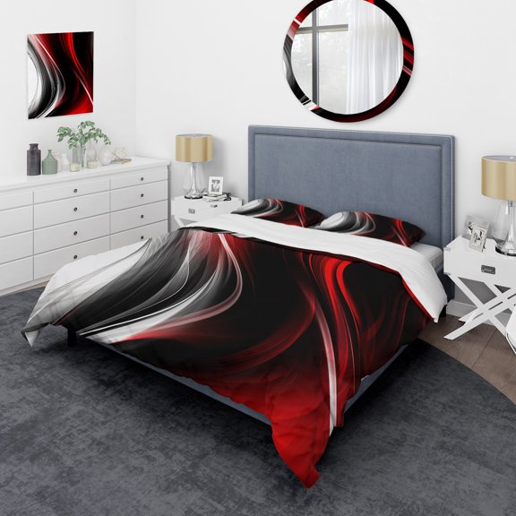 Designart "Endless Ripples Red and Black II" Modern Waves Bedding Covert Set - Abstract Modern Waves Red Abstract Bed Set With 2 Shams