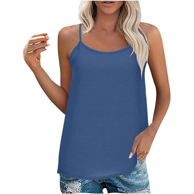 AherBiu Womens Tank Tops Casual Solid Color Round Neck Sleeveless Adjustable Spaghetti Strap Loose Camisole