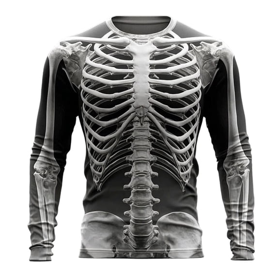 XIAOCHA Mens Breathable Halloween Tee Long Sleeve Crew Neck Tops Realistic Skeleton Print Pullover Top, Black, Sizes L