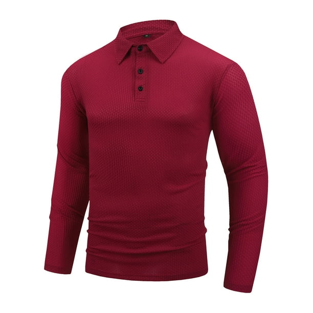 Blusa y camisa de manga larga con cuello vuelto para hombre, camisa deportiva de color liso con solapa y botones, blusa de poliéster de manga larga con solapa para hombre