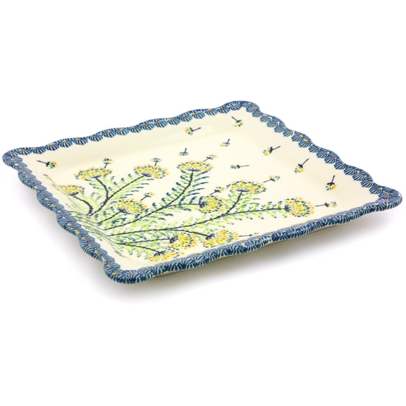 Polish Pottery 9¼-inch Platter (Yellow Dandelions Theme) Hand Painted in Boleslawiec, Poland Certificate of Authenticity