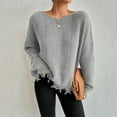 thumbnail image 6 of Htigea Sweaters for Women Distressed Frayed Hem Tops Casual Crew Neck Long Sleeve Loose Fit Pullover Sweater Gray S, 6 of 7