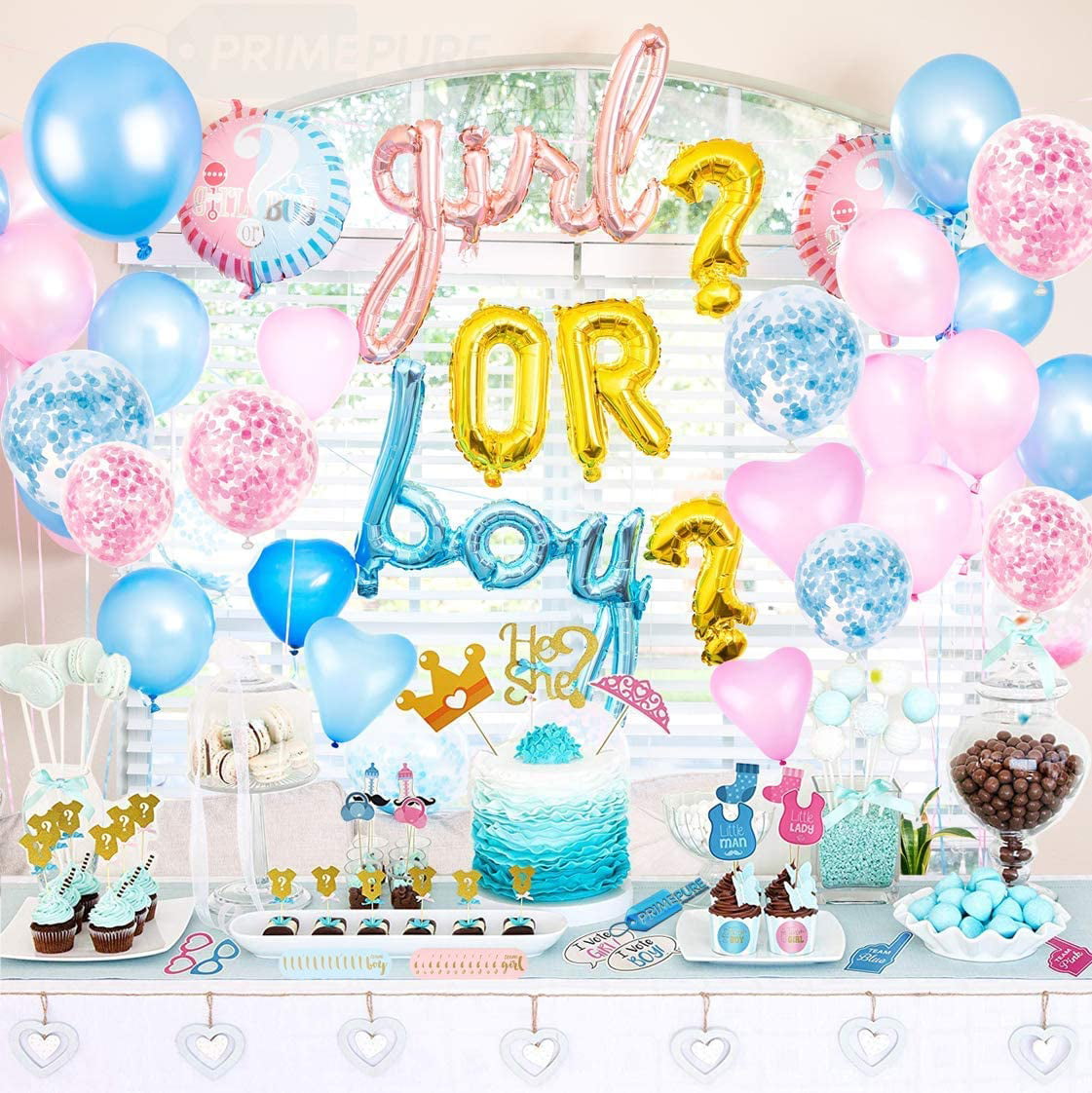 111 Piece Premium Kit Boy or Girl Banner Baby Gender Reveal Party Supplies and Decorations Pink and Blue Balloons Great with Smoke Bombs and Confetti Cannon 36 inch Gender Reveal Balloon 