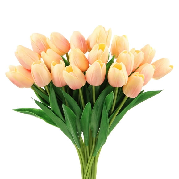 Uxcell 24Pcs Fake Tulips Artificial Flowers, PU Artificial Tulips That Look Real with Stems, Pale yellow