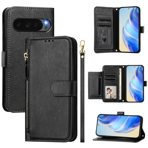 For Google Pixel 10 Pro 6.3-inch Wallet Case for Women Men Multi-Card Slots Zipper Wallet Leather Phone Case,Black,For Google Pixel 10 Pro
