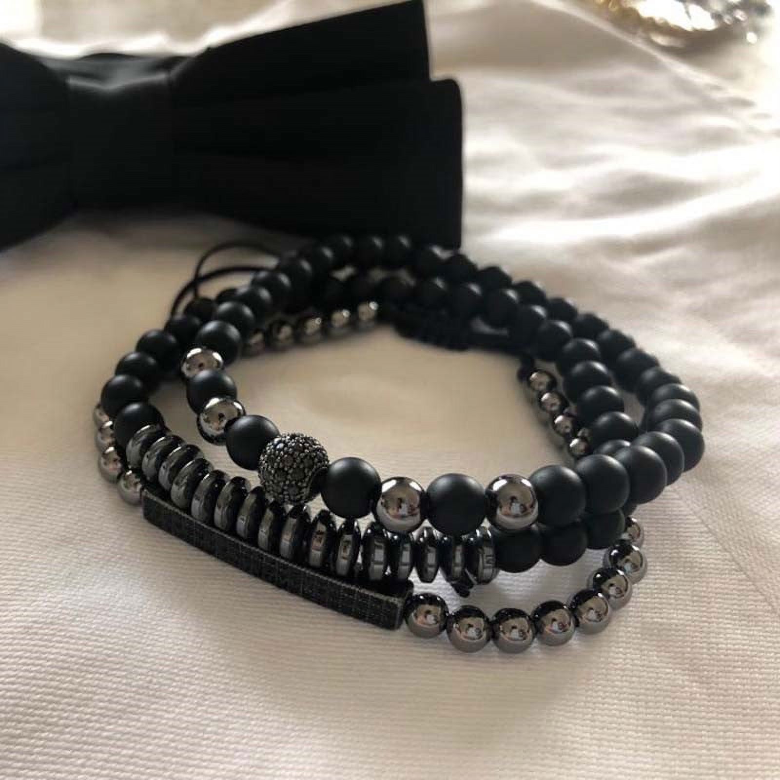 Elegant Black Matte Braided Bracelet Set for Men with Copper Zircon Embellishments